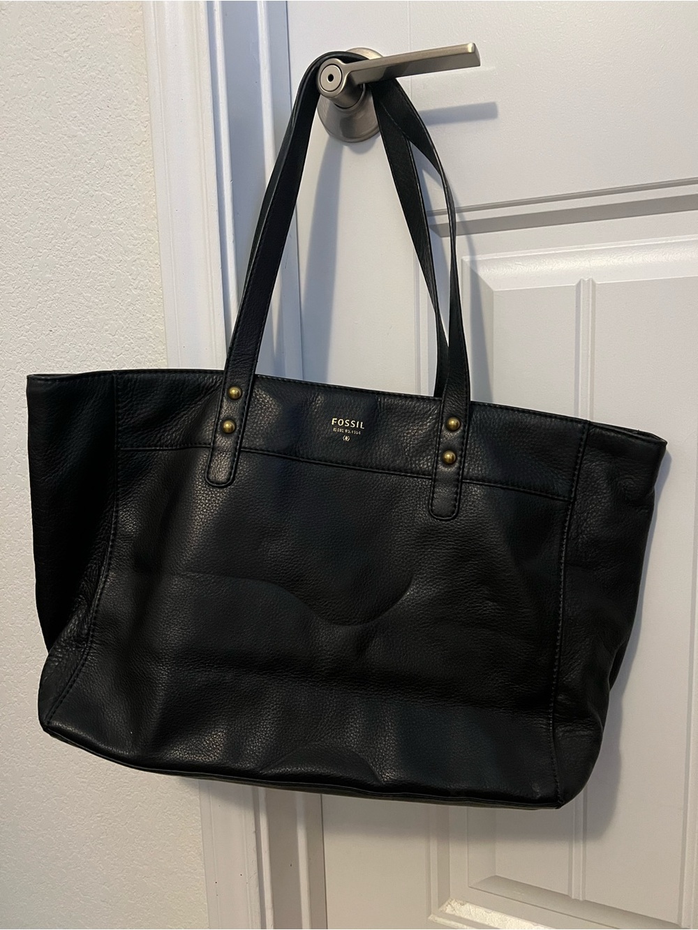 Fossil Black Pebbled Leather Tote with Gold Accents